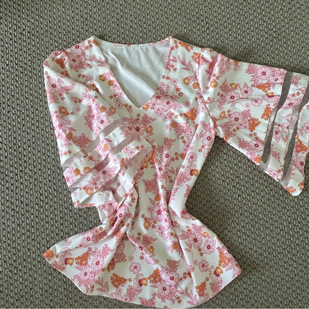 Blouse, Pink Floral, 3/4 Bell Sleeve, Lightweight